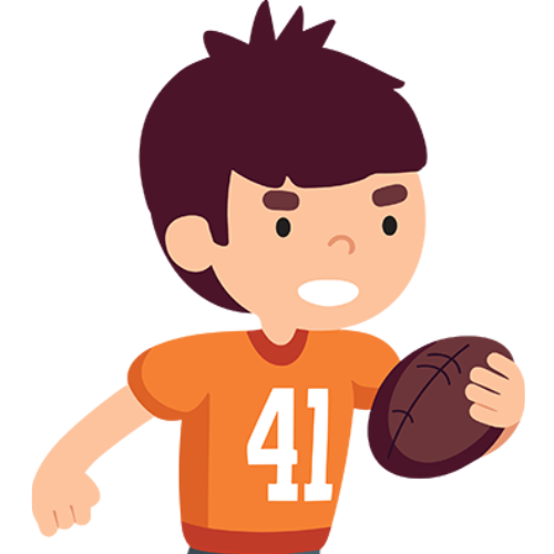 Boy with brown hair and orange jersey holding a brown football