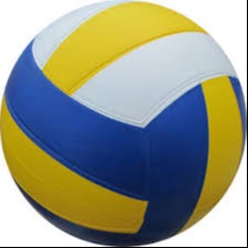 White, yellow, and blue volleyball on white background
