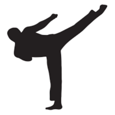Black shadow of a person kicking in the air on a white background