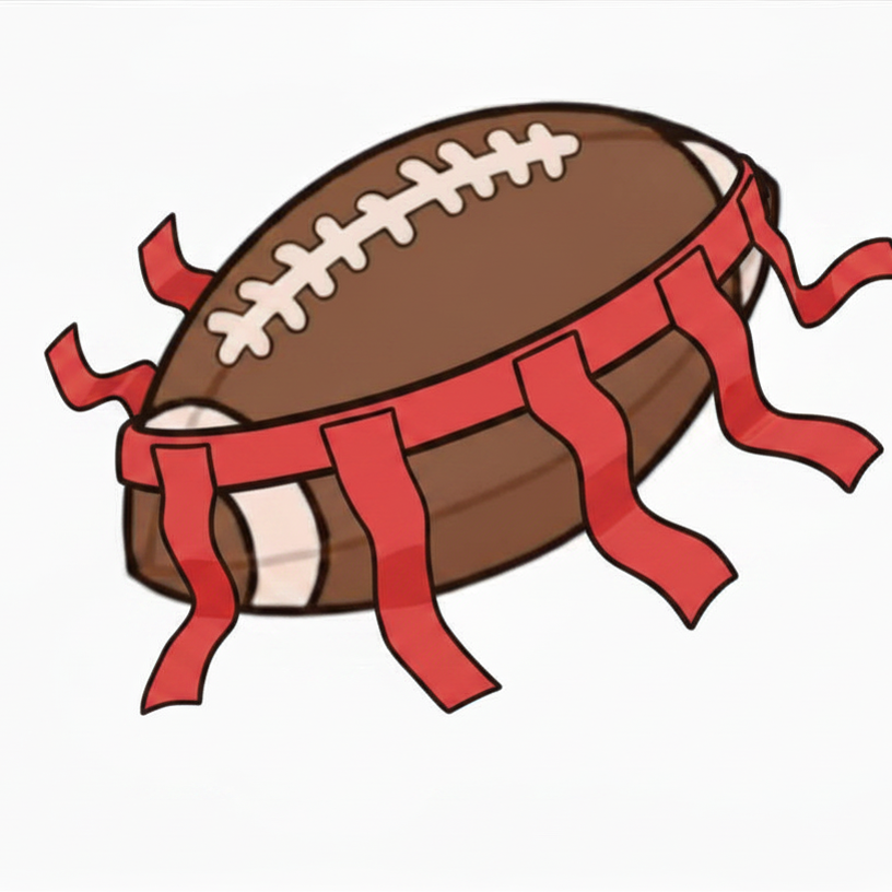 brown football with red belt with flags on a white background