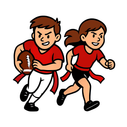 boy and girl wearing red shirts playing flag football