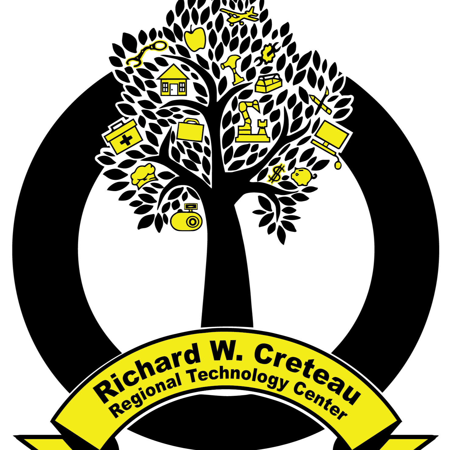 Logo for the Richard W. Creteau Regional Technology Center. It has a black background with yellow icons.