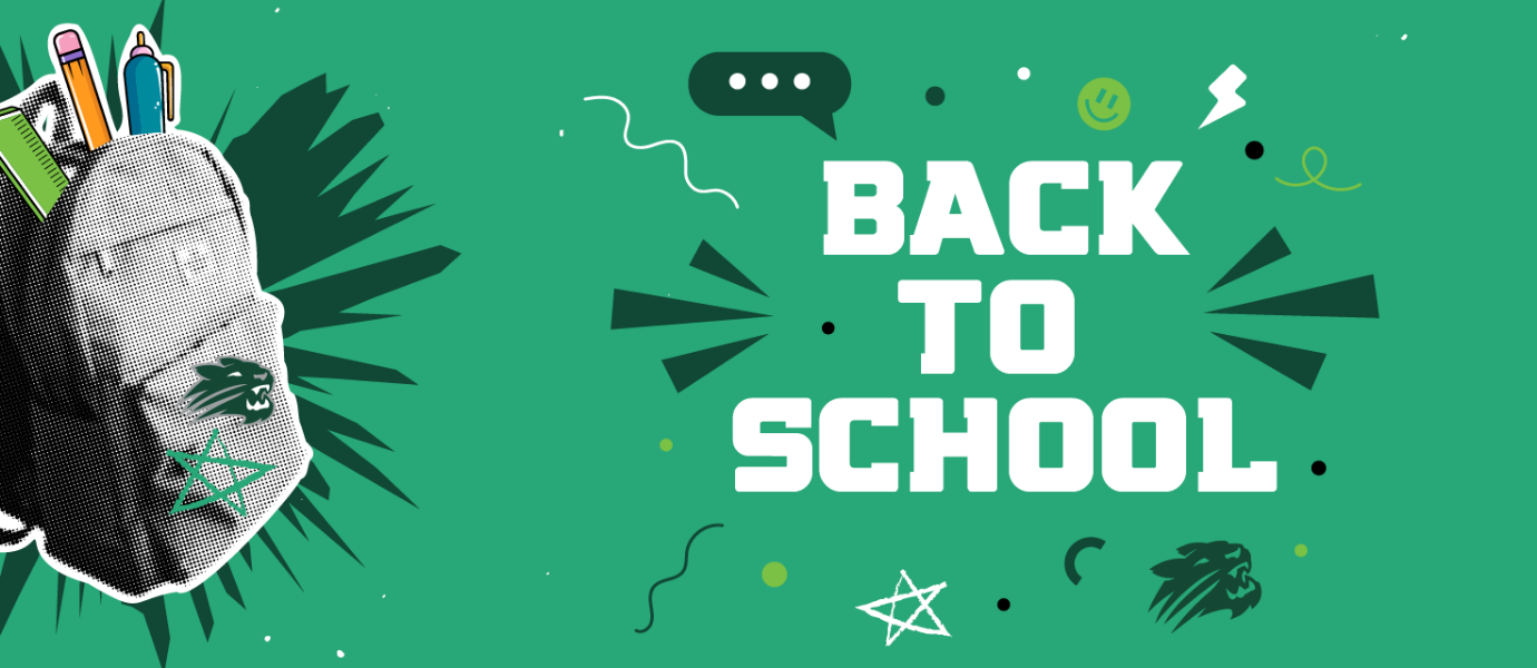 Back to School Graphic with text that says "Back to School" and has a backpack with utensils and has the year 2025