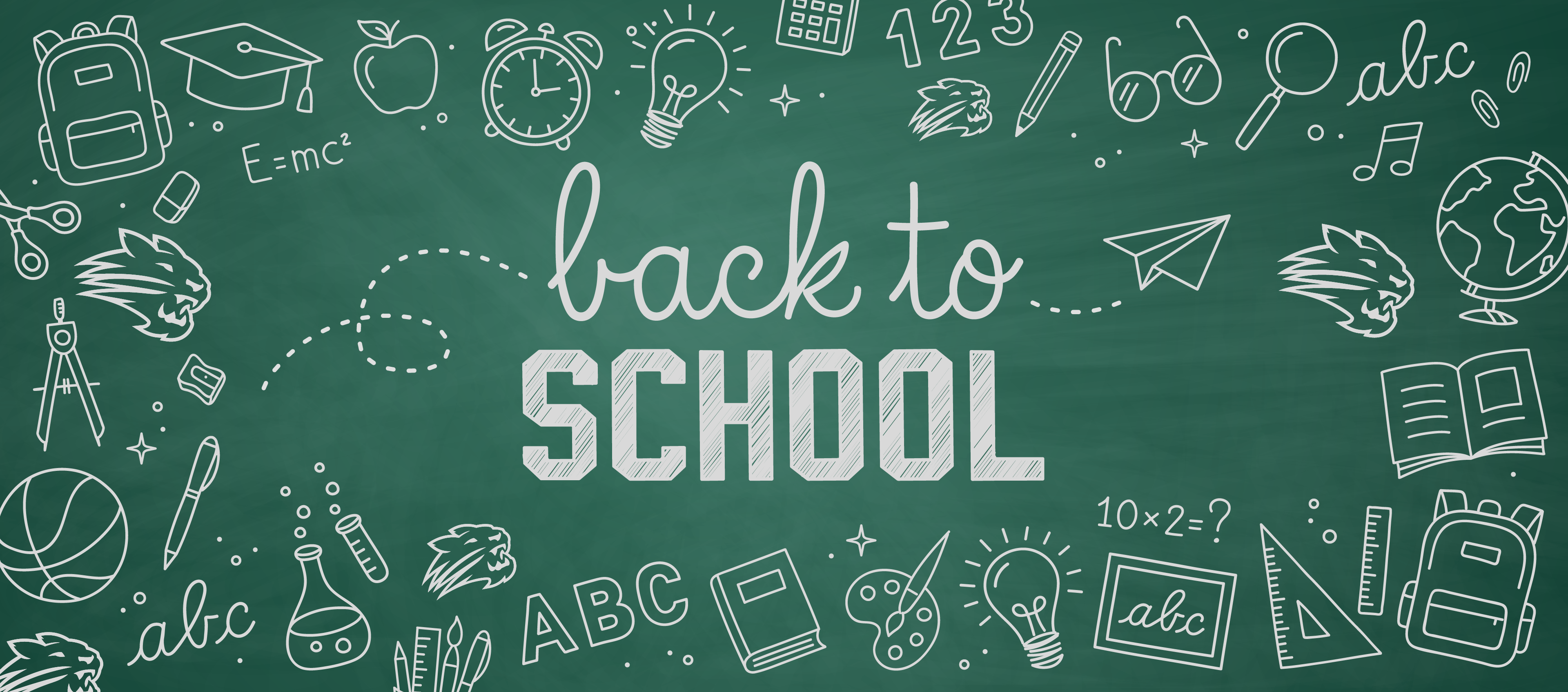 A chalkboard with the words "back to school" written in white. Various school-related icons are scattered.