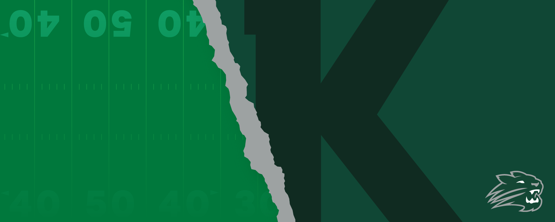 Green background with a large black letter K and a lion logo in the lower right.
