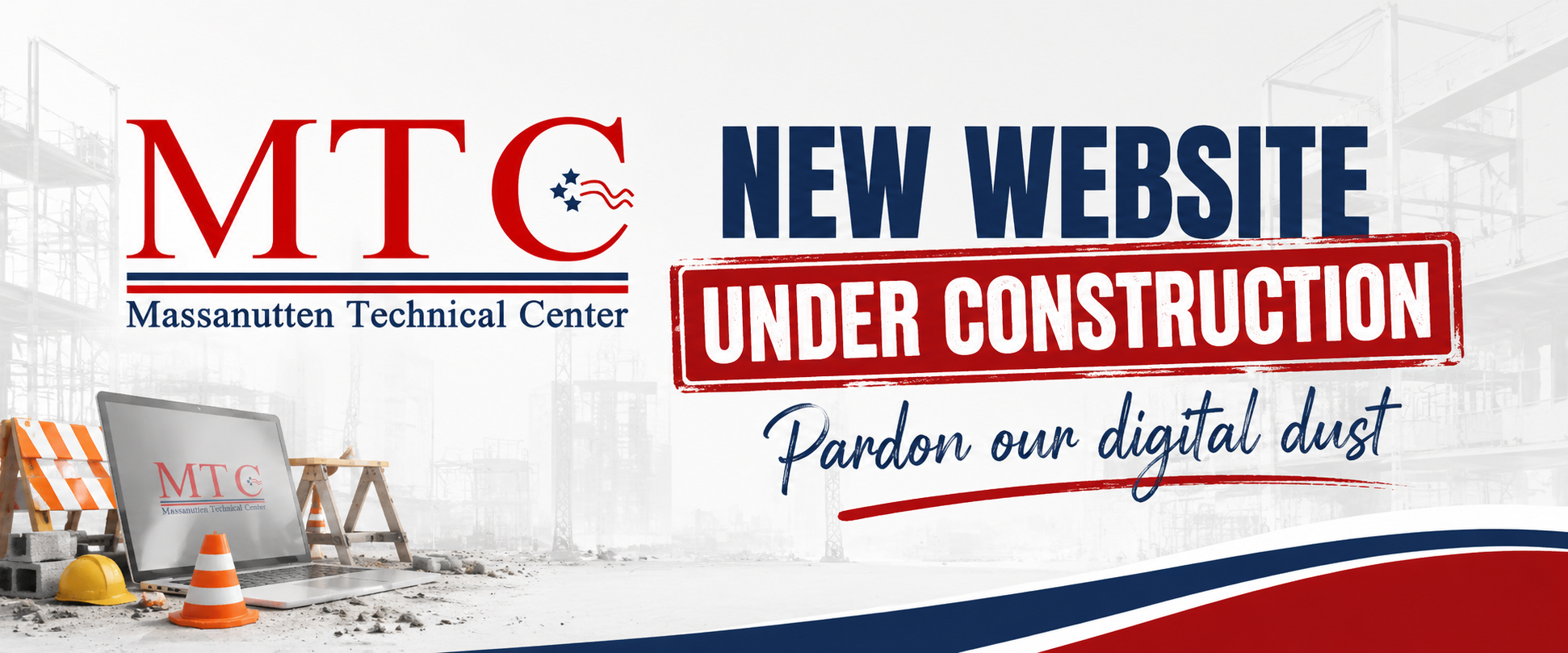A banner reads "MTC" and "New Website Under Construction." It features a construction site, a computer, and a caution cone.
