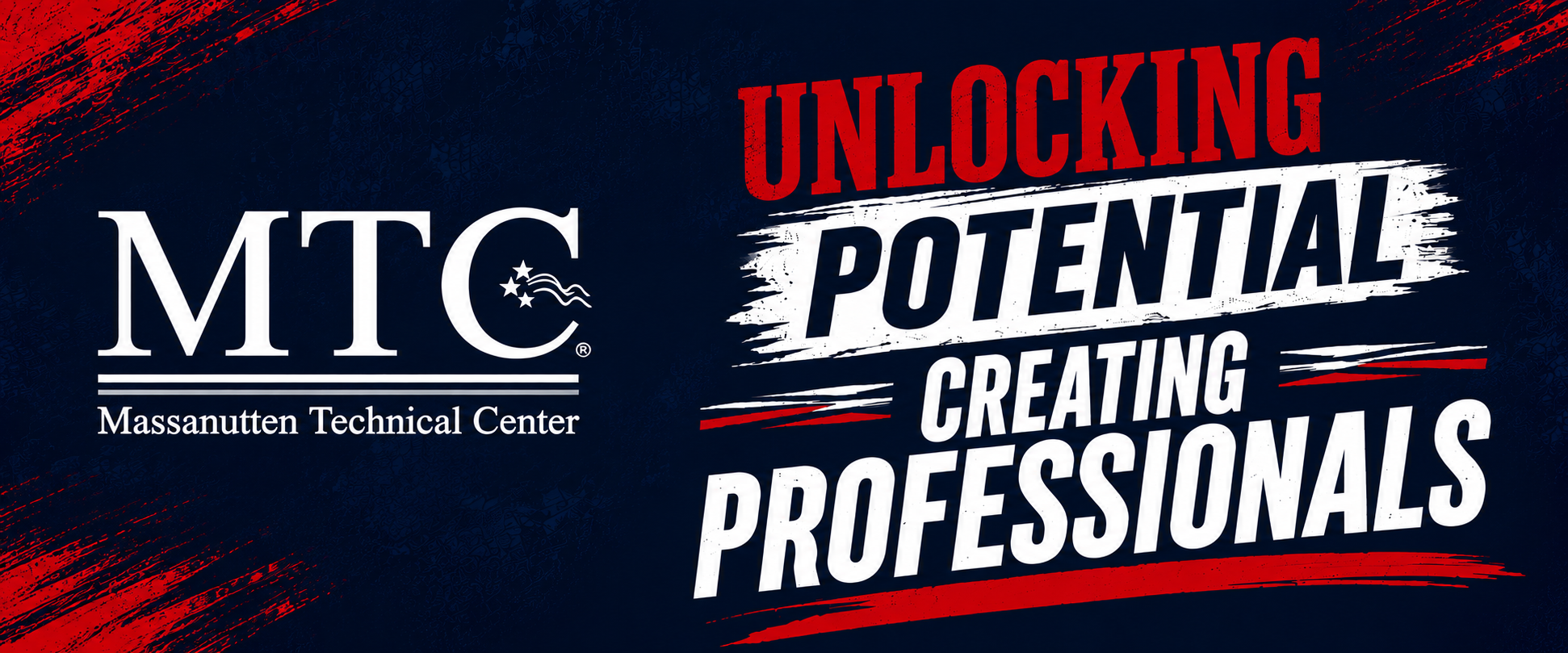 A banner with a blue and red background. It features the "MTC" logo and text "Unlocking Potential, Creating Professionals."