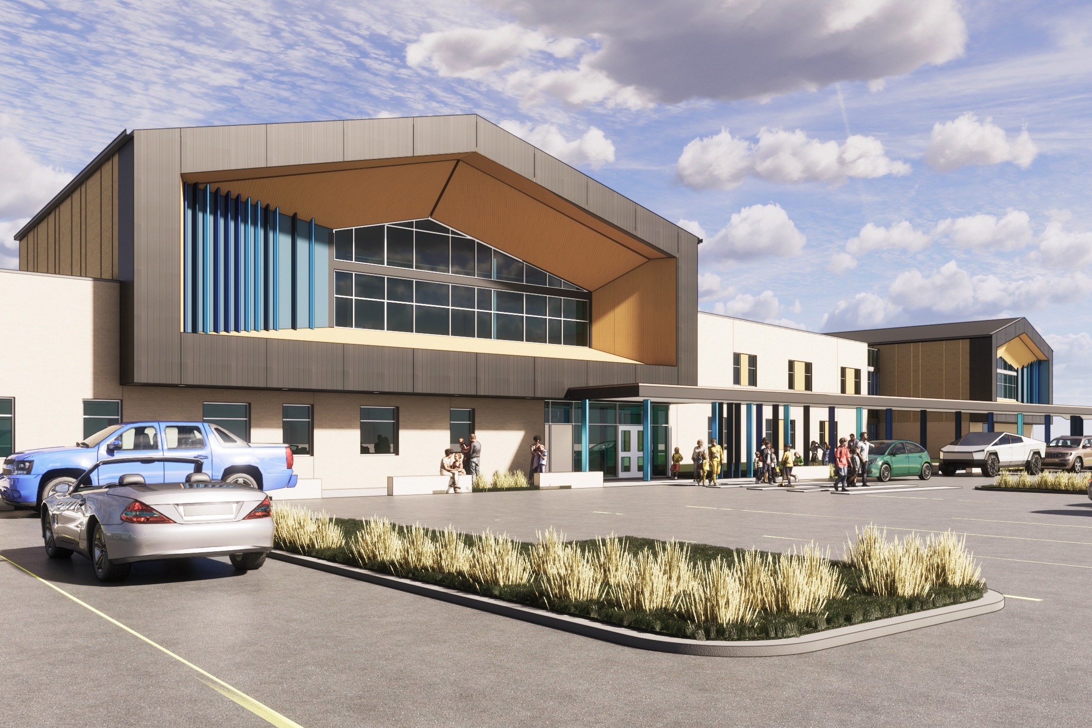Modern building with glass entry, cars parked outside, and people near the entrance.