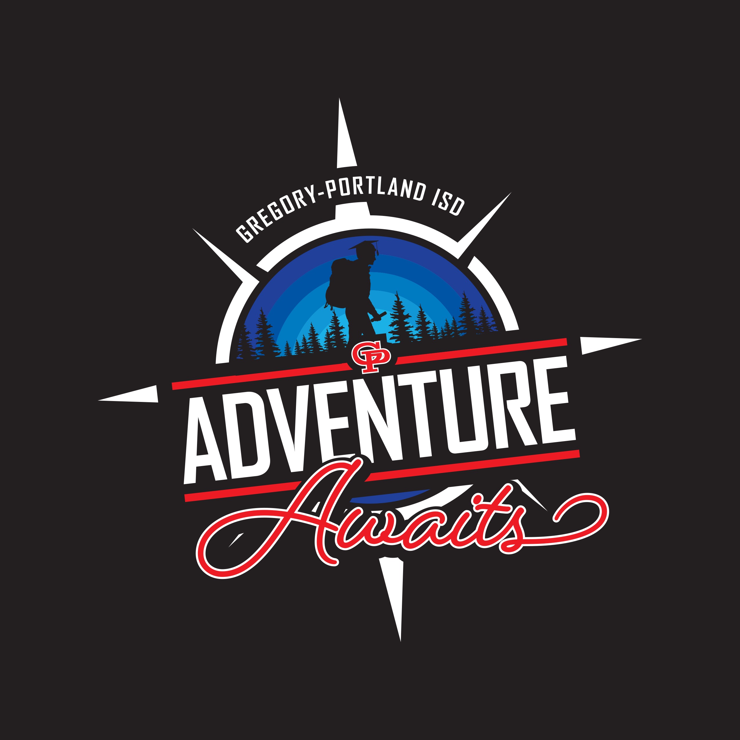 Logo for Gregory-Portland ISD featuring the words “Adventure Awaits.” A white compass rose sits on a black background, with a blue mountain and forest scene in the center. A silhouette of a hiker wearing a backpack stands against layered blue sky arches. “GREGORY-PORTLAND ISD” appears above the scene in white curved text. A red diagonal stripe crosses the logo behind the large white word “ADVENTURE,” and “Awaits” is written below in a red script font outlined in white. The red and white “GP” monogram is centered within the design.