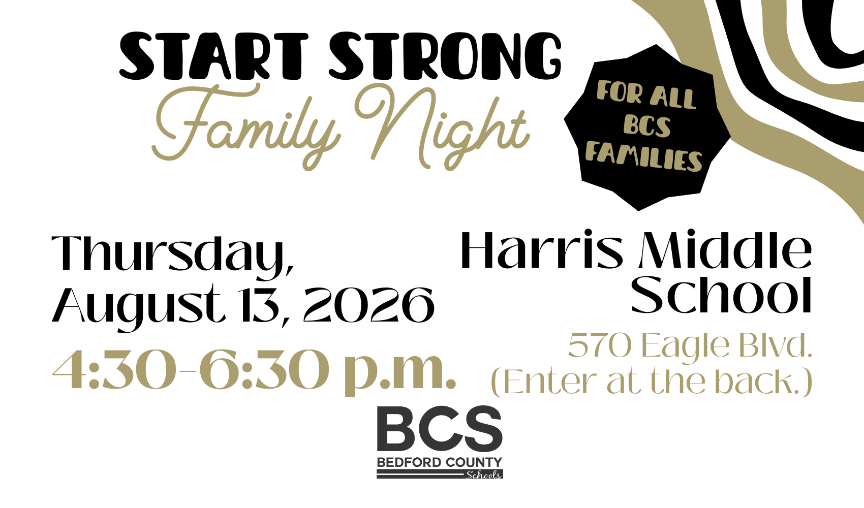 This is a white, black and gold graphic about Start Strong Family Night