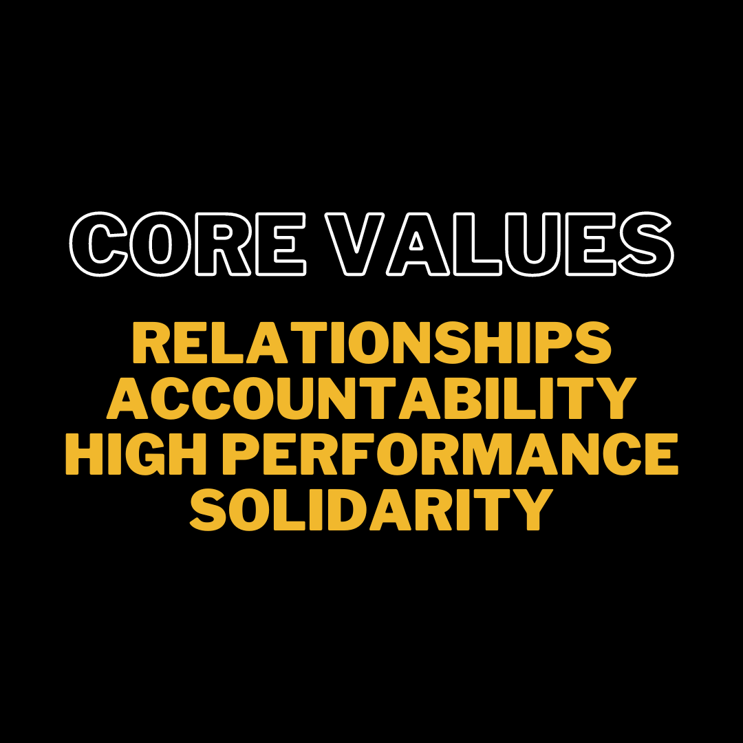 Core Values listed in gold on black background: relationships, accountability, high performance, solidarity
