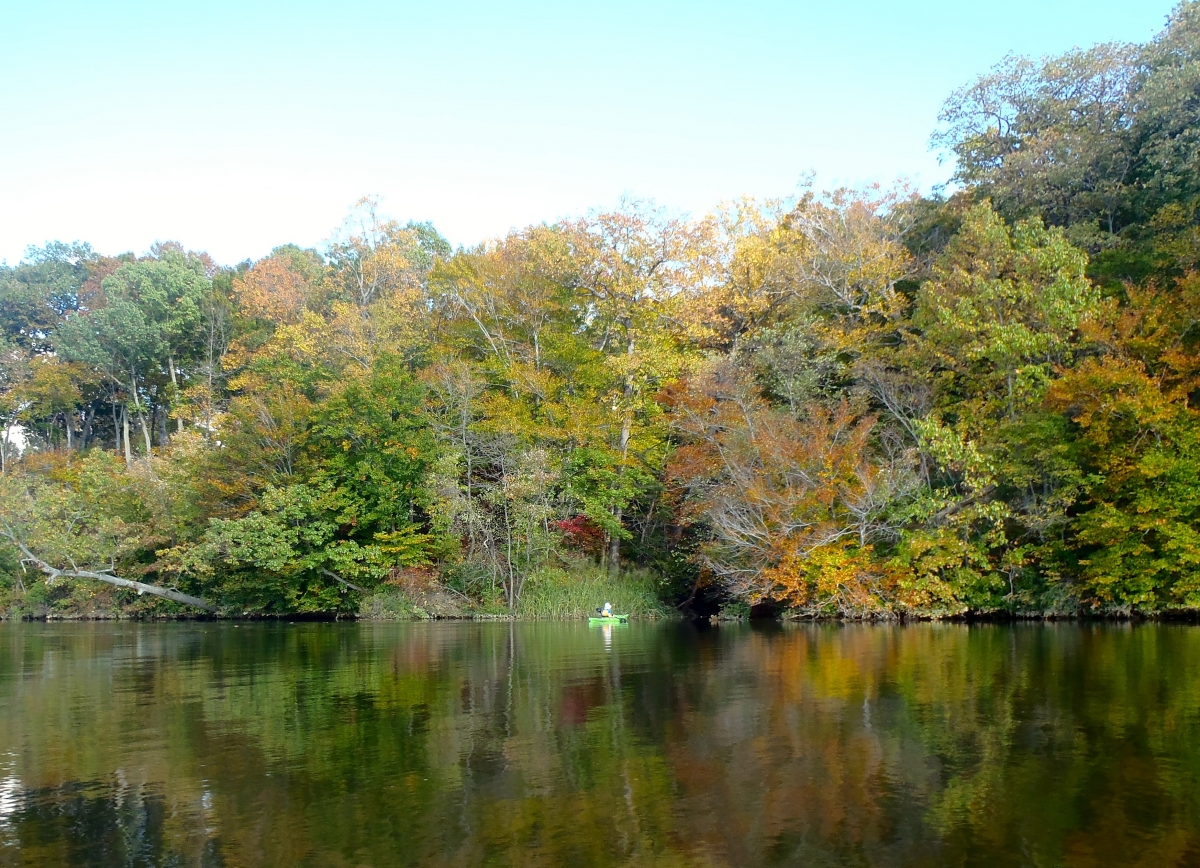 A small boat with a person in a green jacket floats on a calm lake surrounded by trees with autumn foliage.