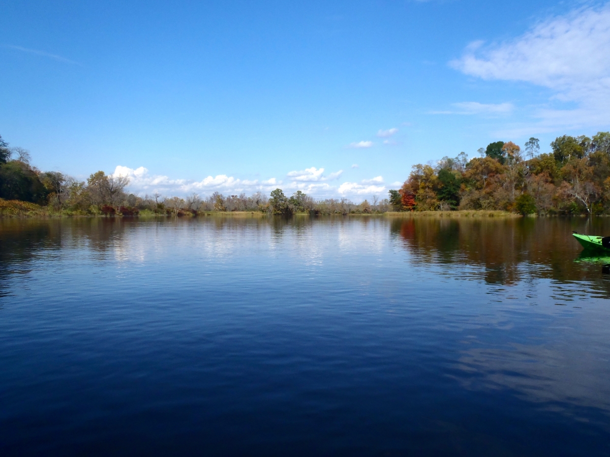 A calm river reflecting a blue sky with scattered clouds, bordered by trees with autumn foliage.