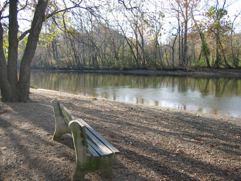 A park bench facing a calm river with trees on the opposite bank, under a partly cloudy sky.