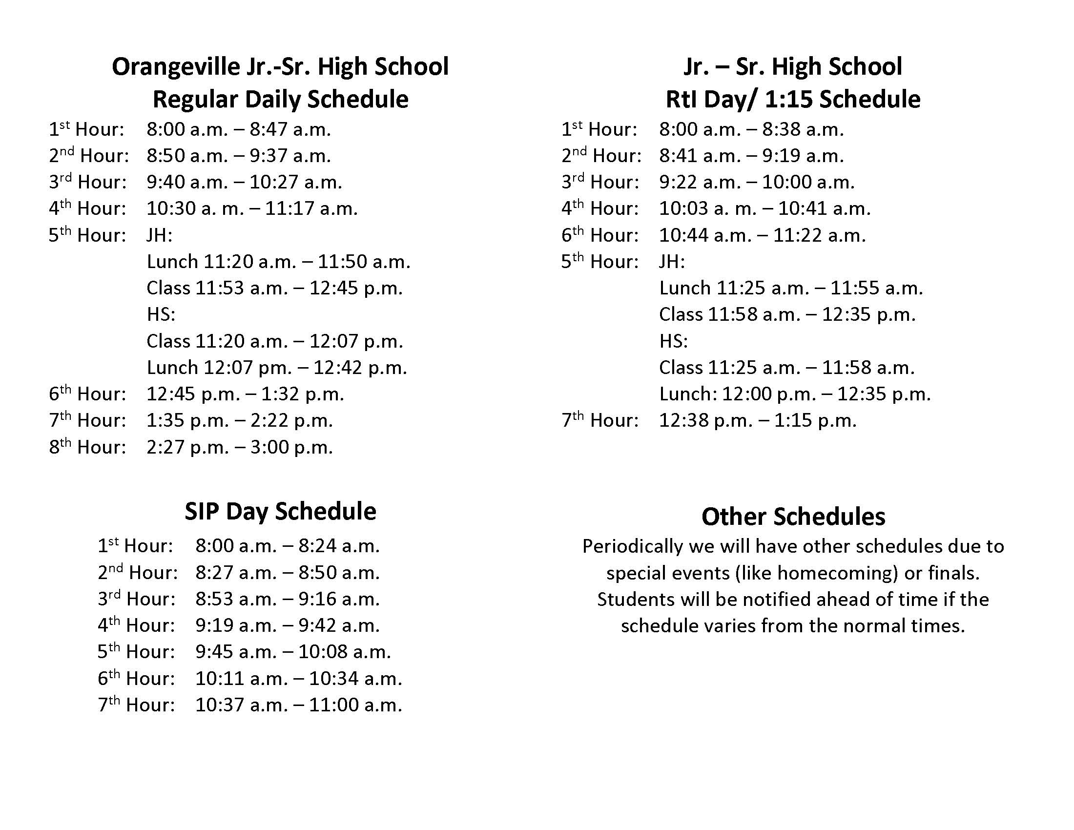 OHS daily schedules