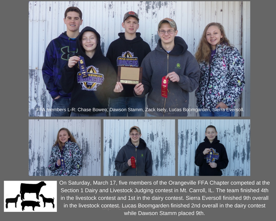 FFA Members Noah Asche, Lucas Boomgarden, McKenzie Riemer, Christi Ceroni, and Sierra Eversoll at Highland Community College for the annual Envirothon competition, on 3/13/18.