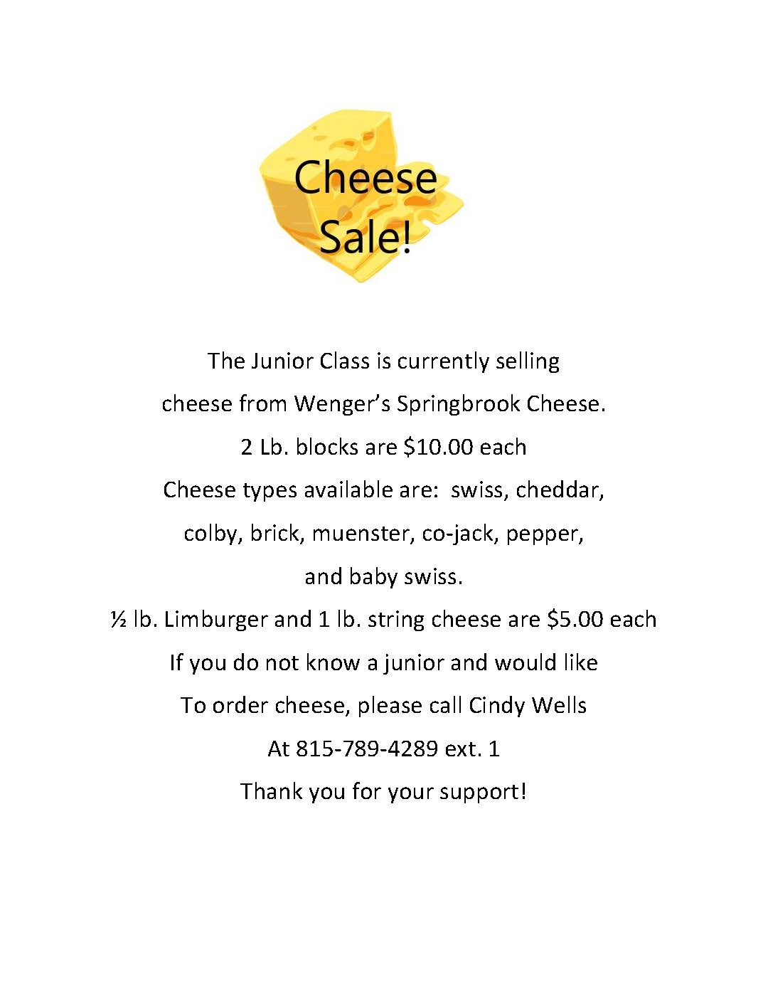 Junior Class Springbrook Cheese sale flyer