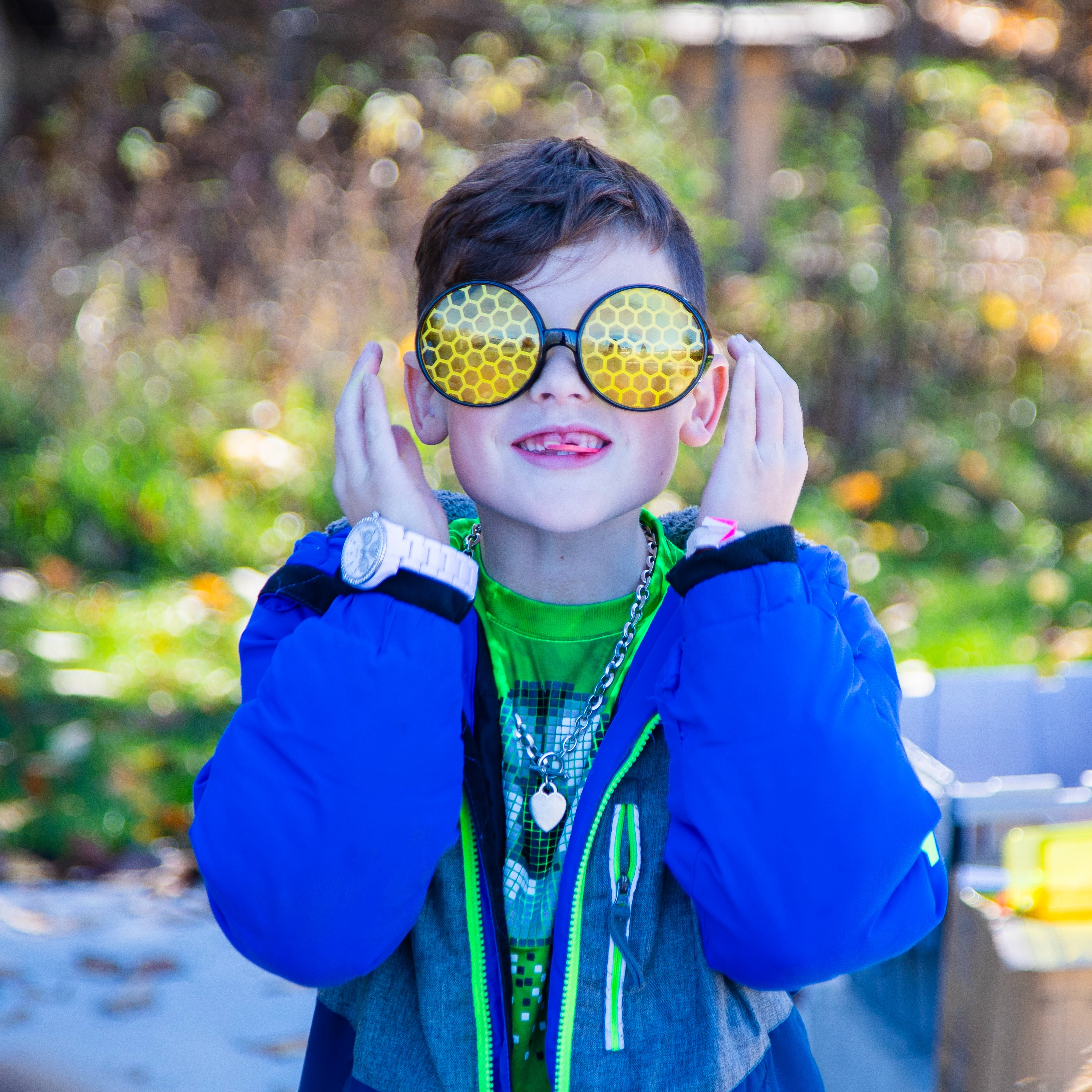 portrait of Lincoln smiling with giant silly glasses