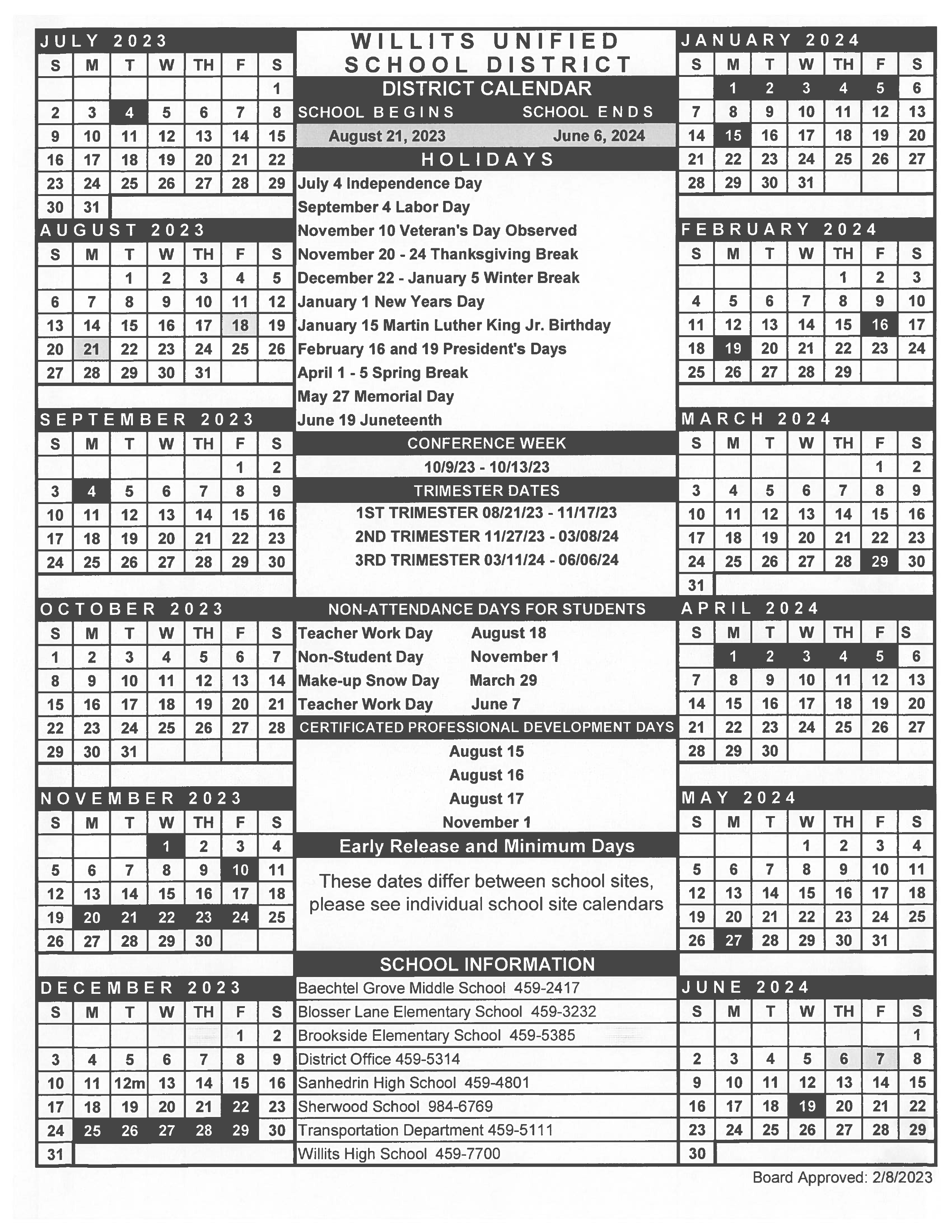 20232024 School Calendar Willits High School