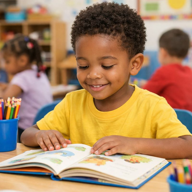 A boy in a yellow shirt reads a book at a table, surrounded by pencils. Other children are in the background.