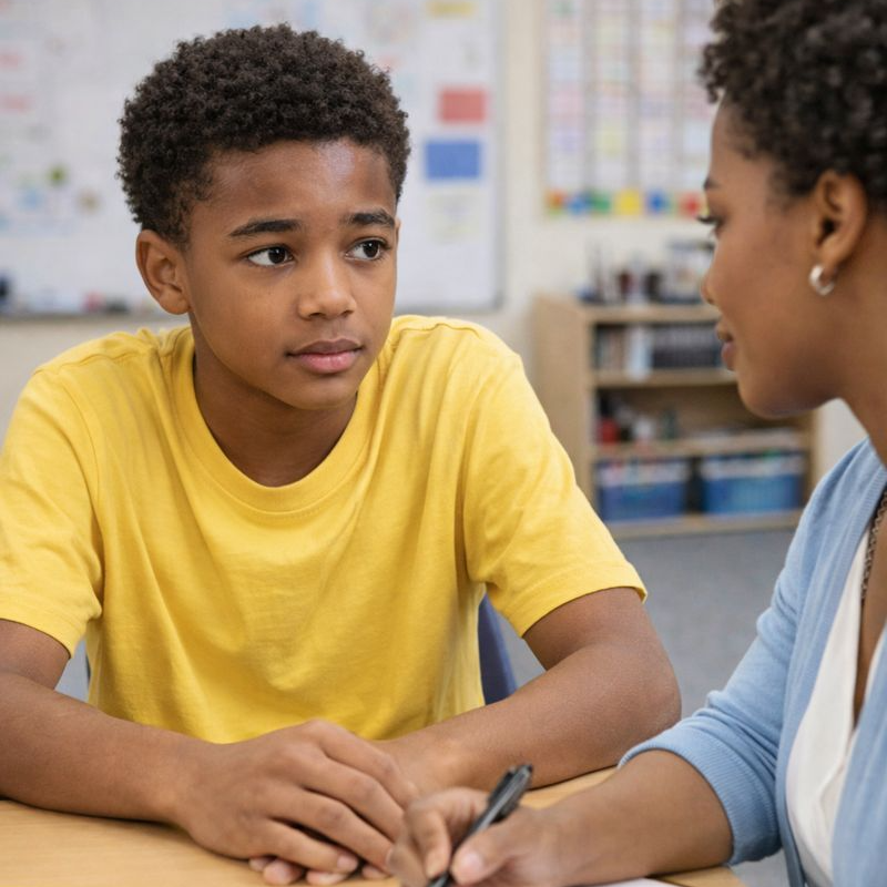 A boy in a yellow shirt sits at a desk, looking at a teacher who holds a pen.