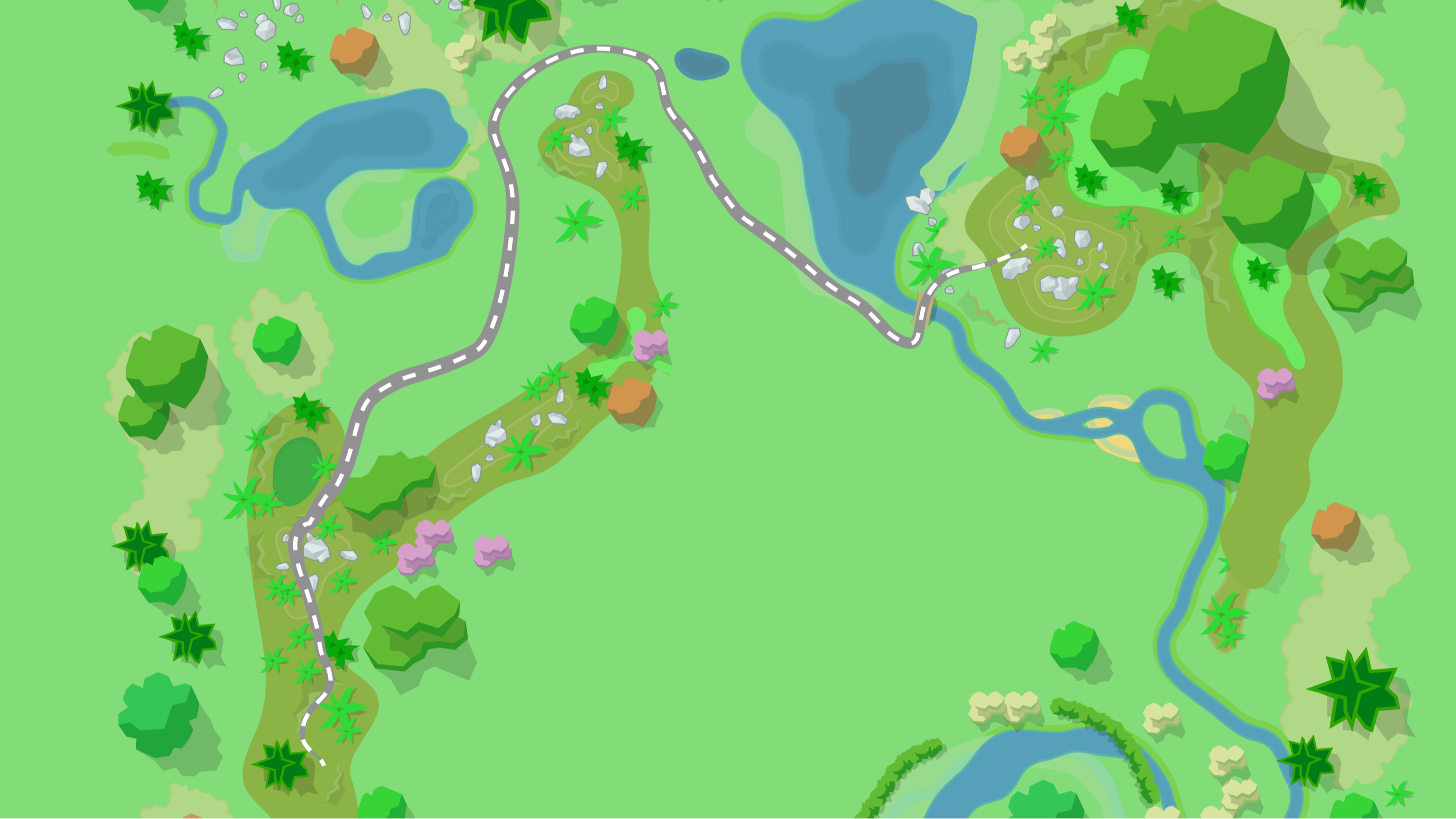Map with a winding path through a green landscape, featuring bodies of water, vegetation, and a hilly terrain.