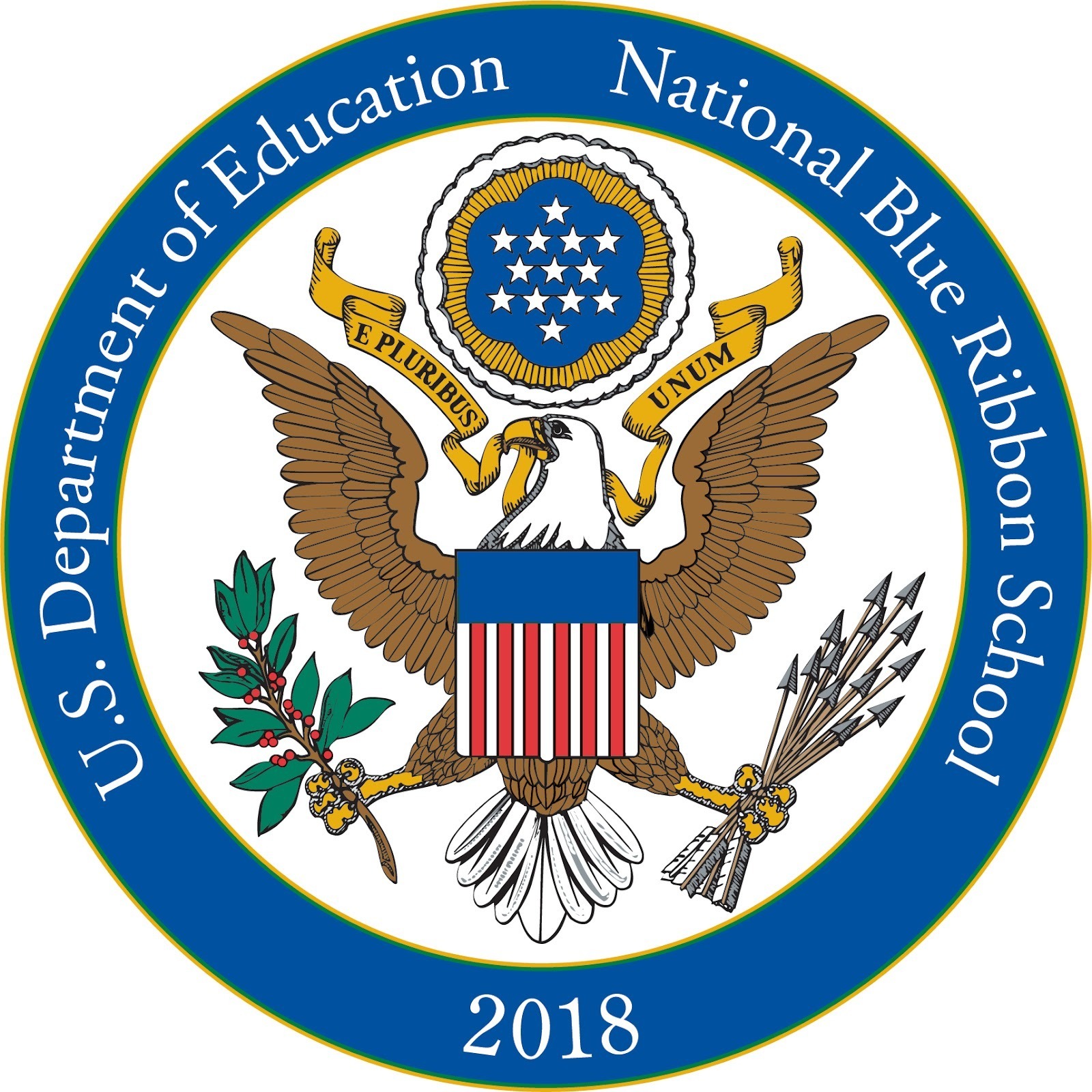 The U.S. Department of Education's 2018 National Blue Ribbon School logo. It features an eagle, shield, and olive branch.