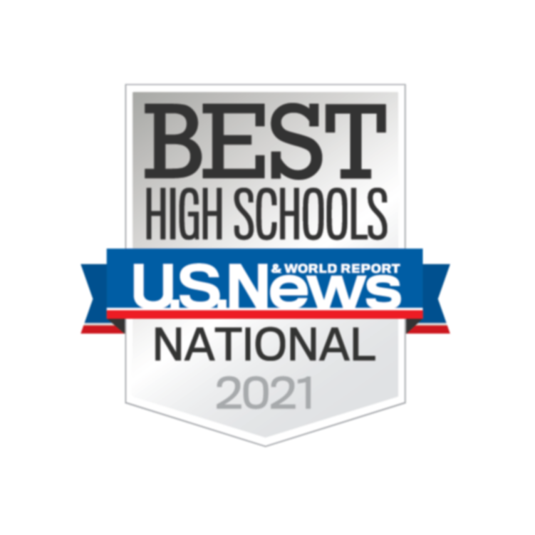 Logo for Best High Schools 2021 by U.S. News and World Report, featuring white text on a black background.