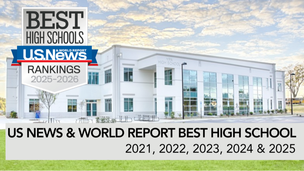 A modern white building with glass windows and a blue sky with clouds. Logos and text include "Best High Schools" and "US News Rankings".
