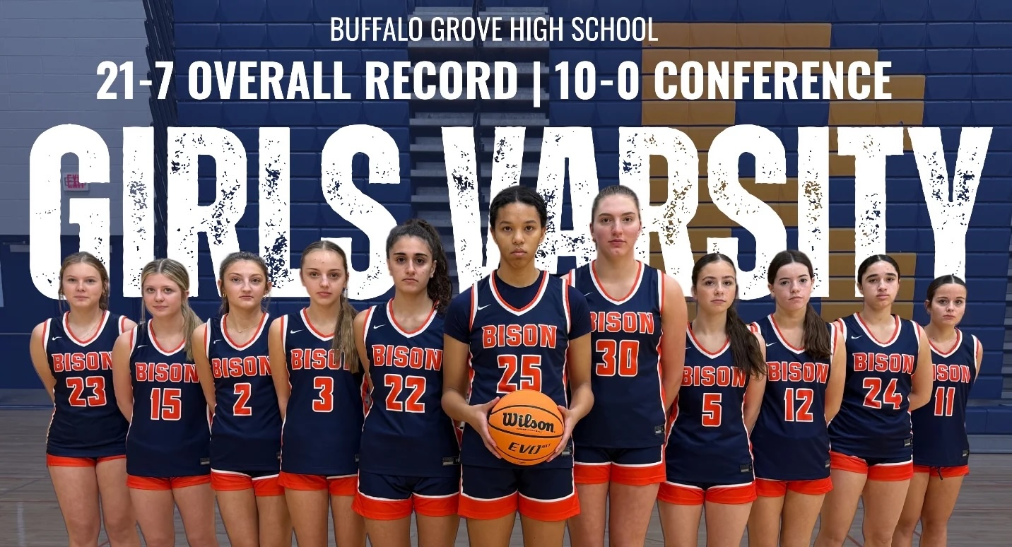 BGHS Varsity Girls Basketball team in a V formation with center player holding a basketball and their record of 21-7 and 10-0 in conference printed above the team