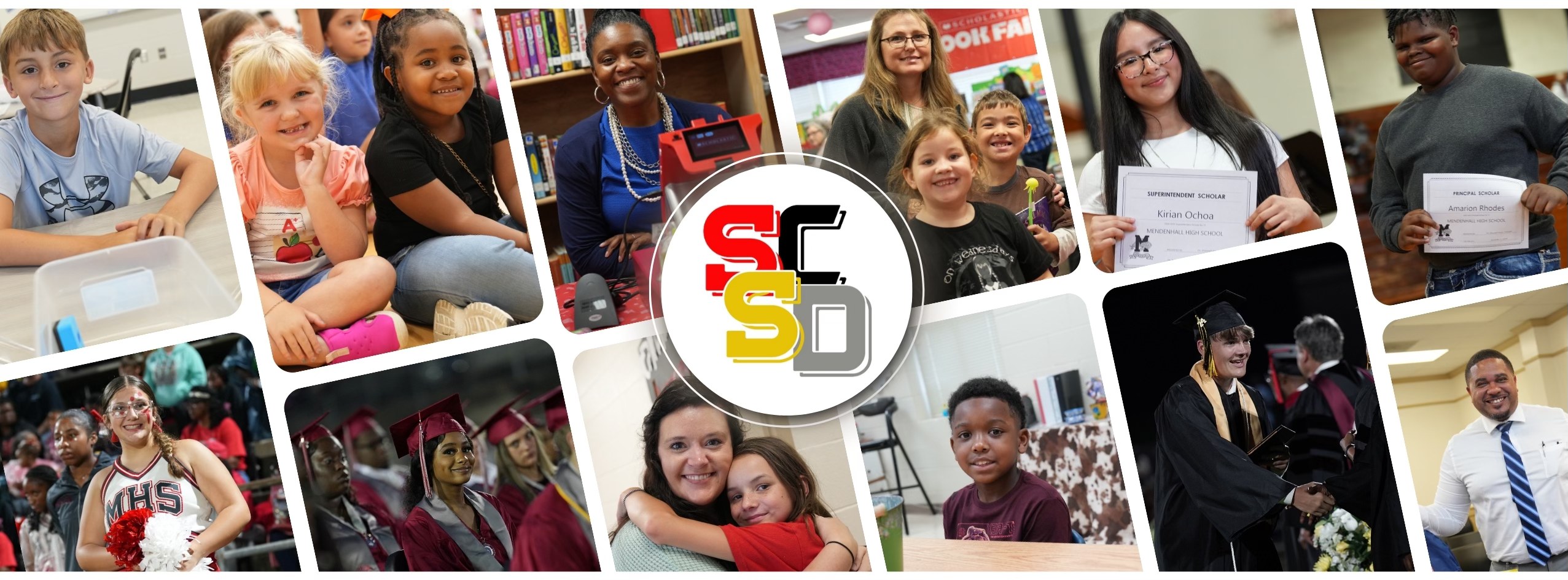 This is a collage of photos that shows pictures of students, staff members, and students participating in extracurricular activities.