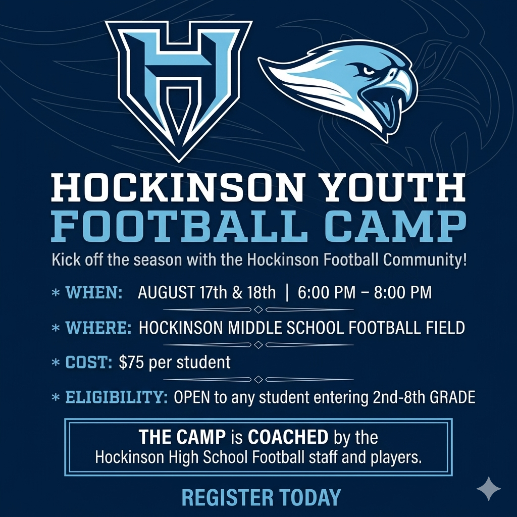 Graphic with Hockinson “H” logo and hawk head on a blue background. Text reads:  “Hockinson Youth Football Camp”  “Kick off the season with the Hockinson Football Community!”  “When: August 17th & 18th | 6:00 PM – 8:00 PM” “Where: Hockinson Middle School Football Field” “Cost: $75 per student” “Eligibility: Open to any student entering 2nd–8th grade”  Boxed text: “The camp is coached by the Hockinson High School Football staff and players.”  Bottom text: “Register Today”