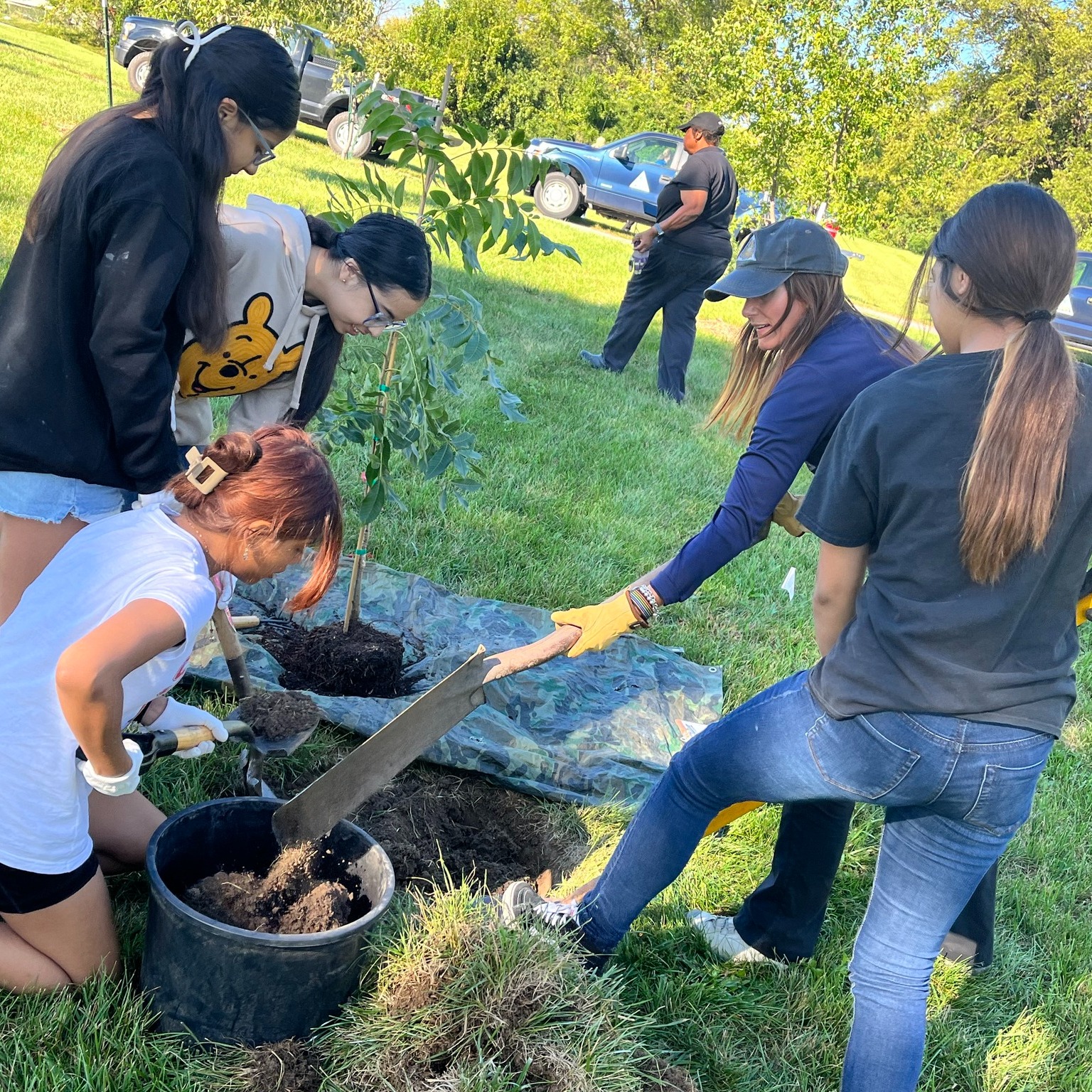 Carver Dual Language students plant trees with volunteers.