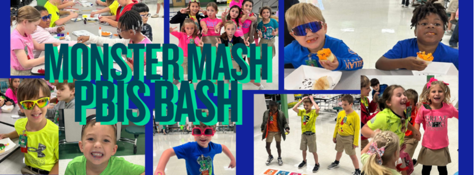 A collage of photos from a school event titled “Monster Mash PBIS Bash.” The images show children participating in various activities in a cafeteria setting. Activities include decorating cupcakes, eating snacks, and playing a colorful floor game with numbered squares. Some children are standing in groups, while others are seated at tables working on crafts. Bright decorations and vibrant clothing create a festive atmosphere.