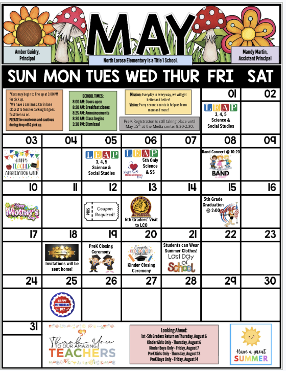 Monthly School Calendar | North Larose Elementary School