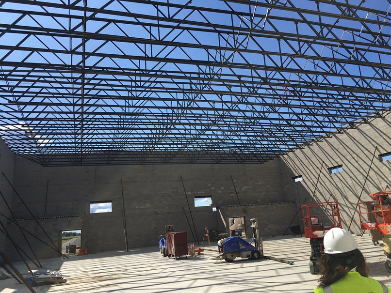 Photo of the Roof trusses in the new gym.