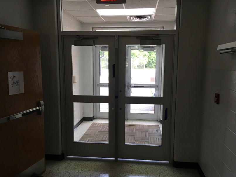 Photo of the New doors at the elementary school leading out to the playground.