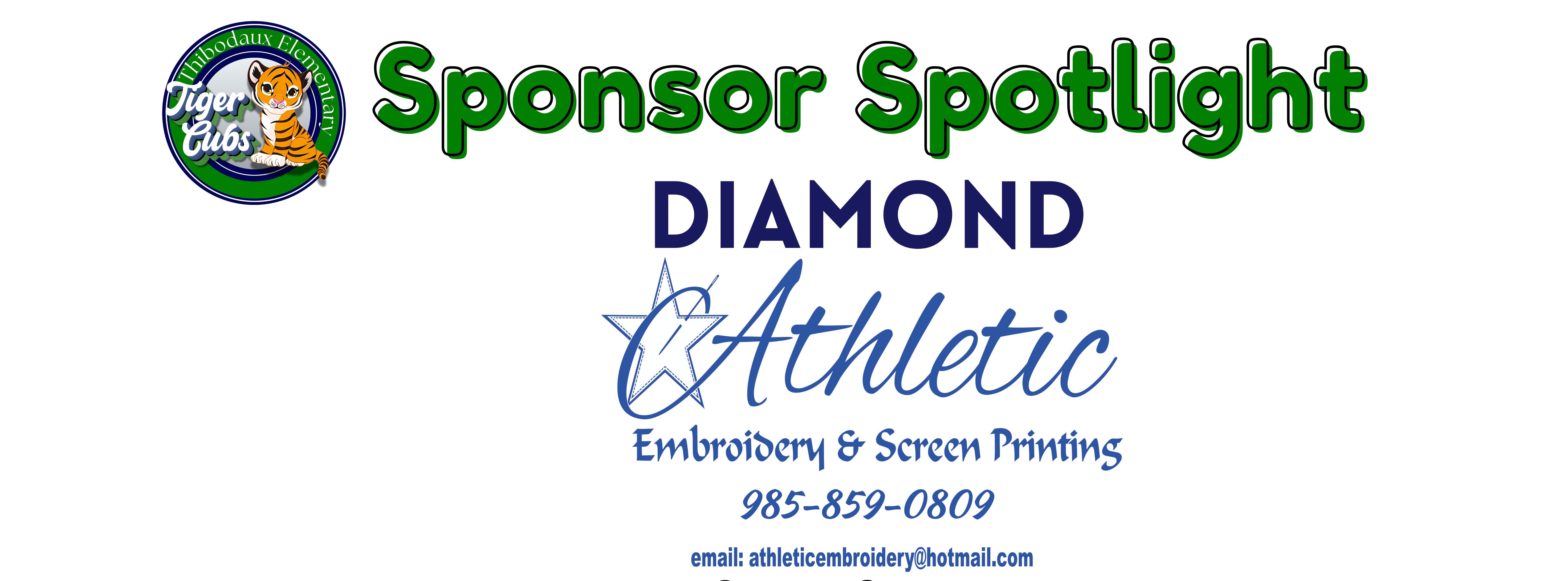 White background with green and blue text and logo. Text reads Sponsor Spotlight DIAMOND Athletic. Logo includes a lion.