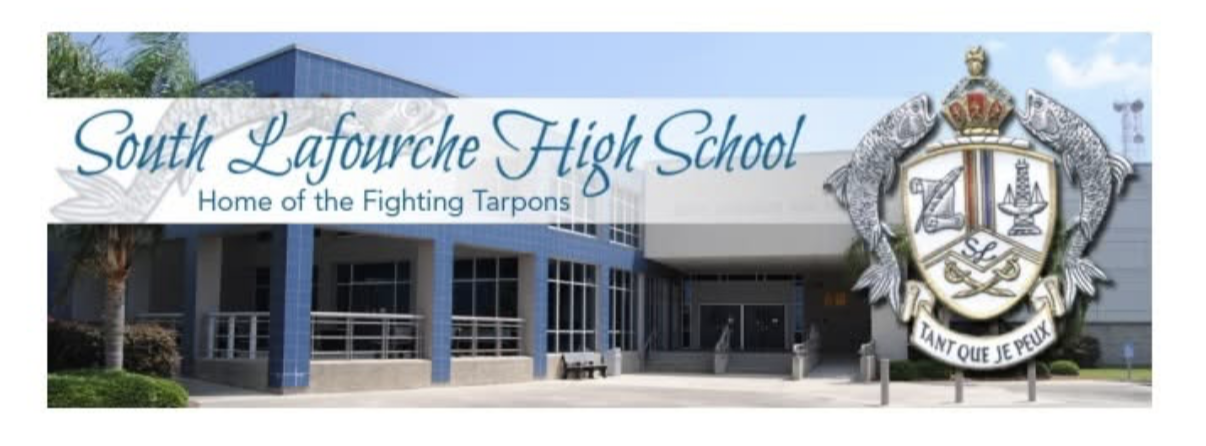 A blue and white building with "South Lafayette High School" and "Home of the Fighting Tarpons" text and a school emblem