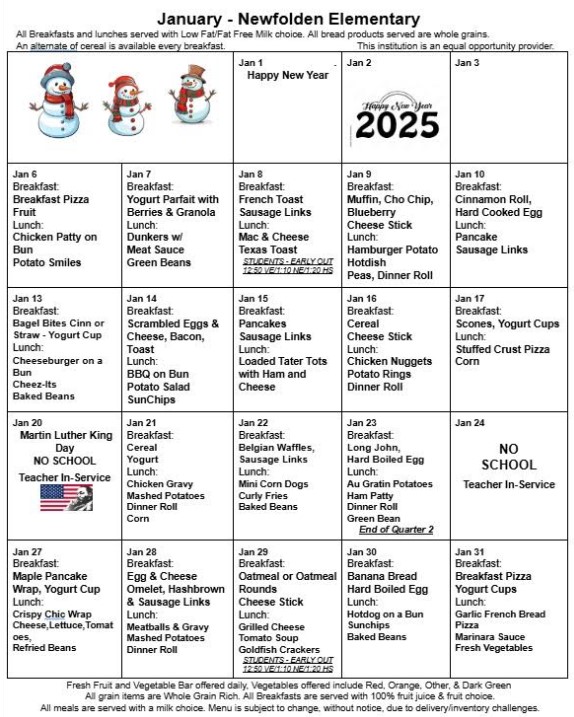 Newfolden Elementary January 25 Menu