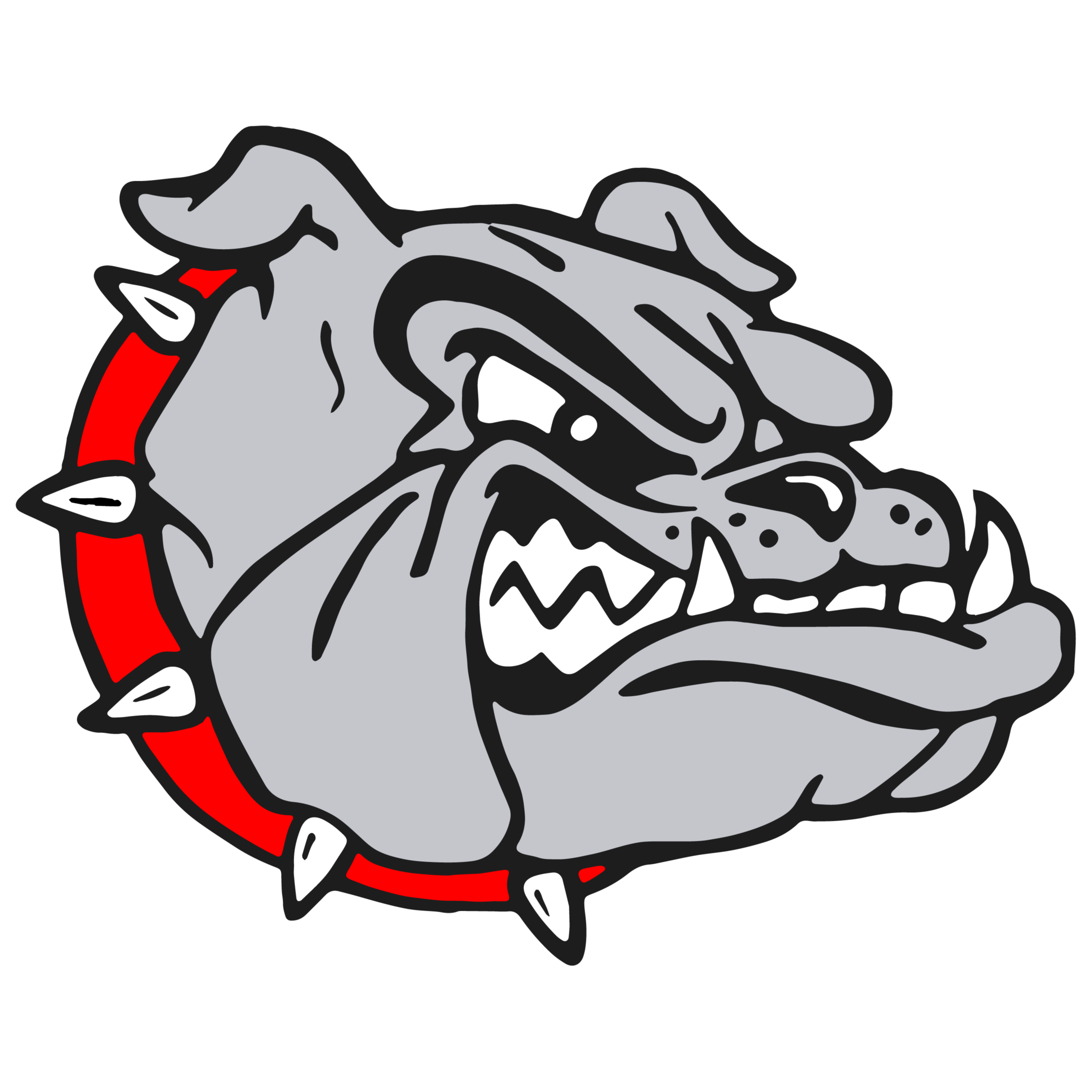Logo of a fierce, gray bulldog head showing its teeth and wearing a red, spikey collar