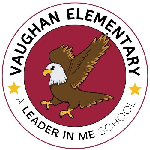 Flying eagle smiling. Text: Vaughan Elementary. Leader in Me school.
