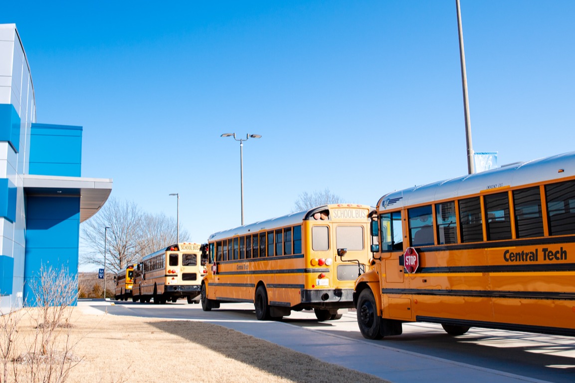 School buses outside a building 