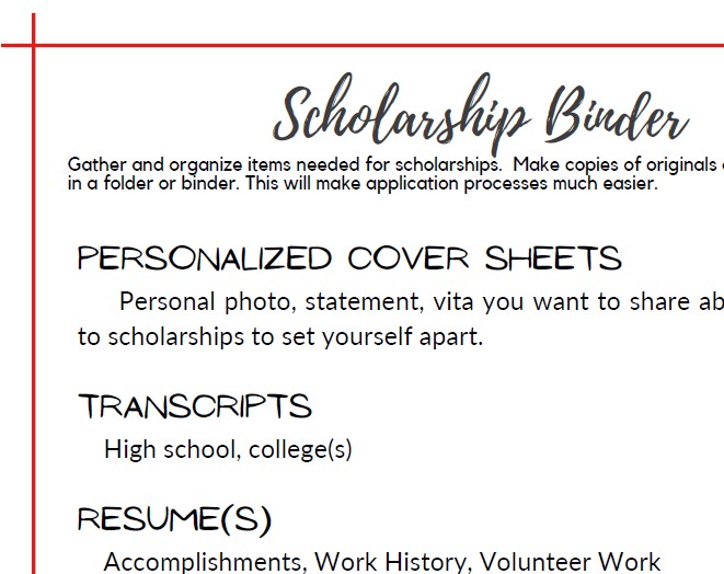 Scholarship binder list