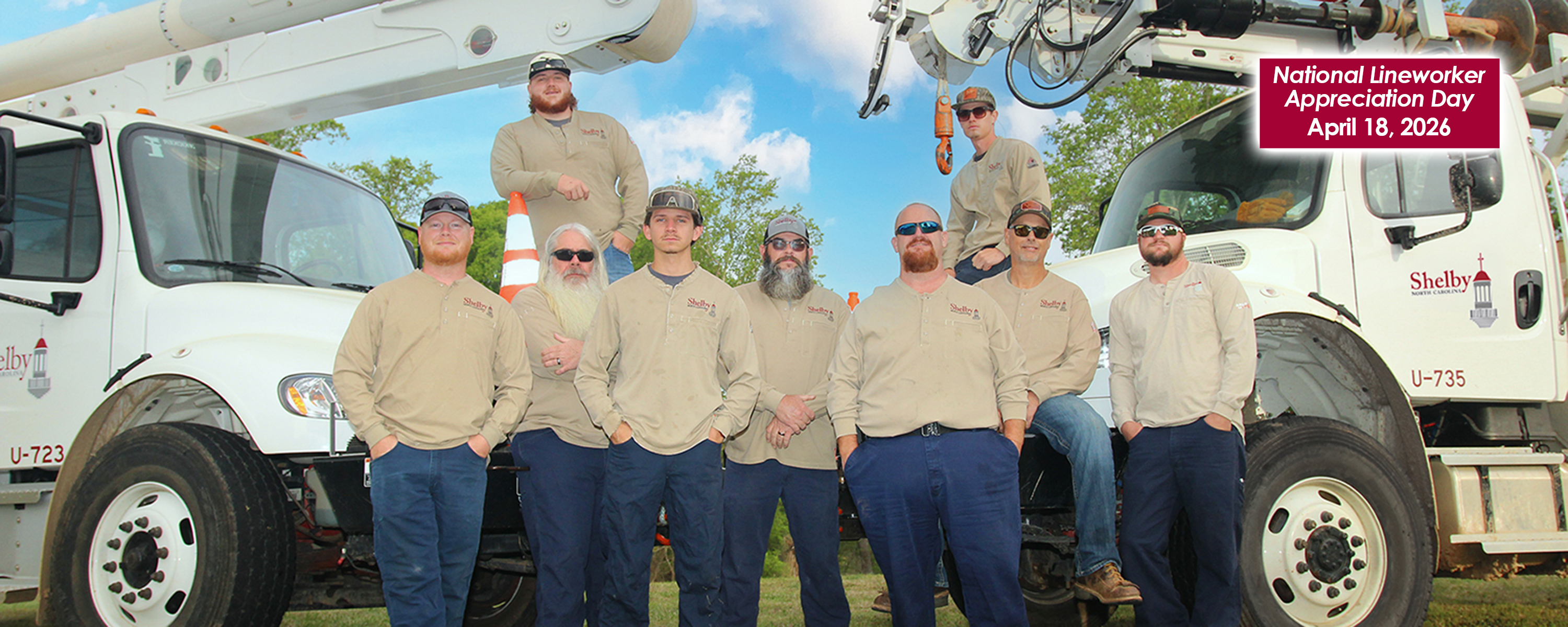 National Lineworker Appreciation Day - City of Shelby lineworkers gathered around bucket trucks