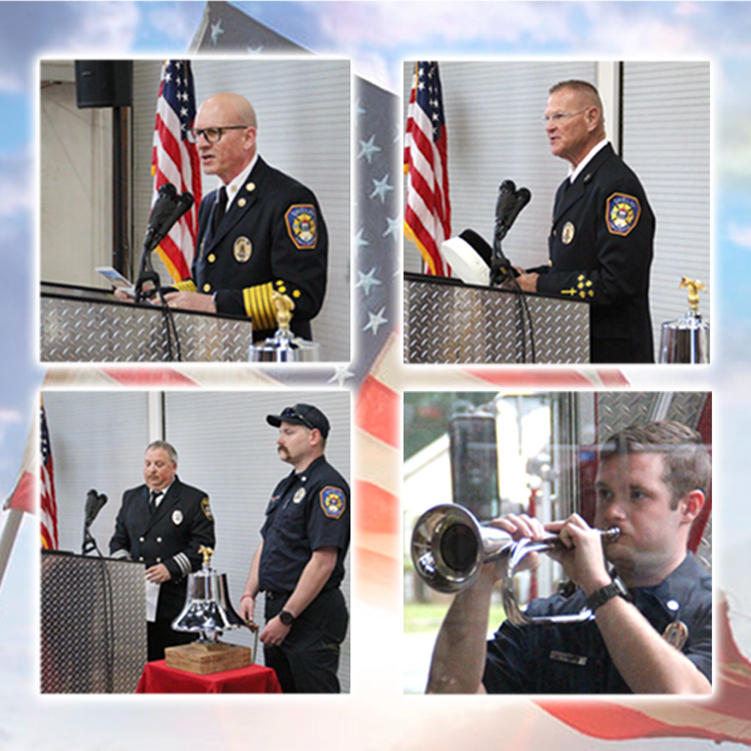 Cleveland County Firefighter Memorial Service collage of pictures with flag in the background