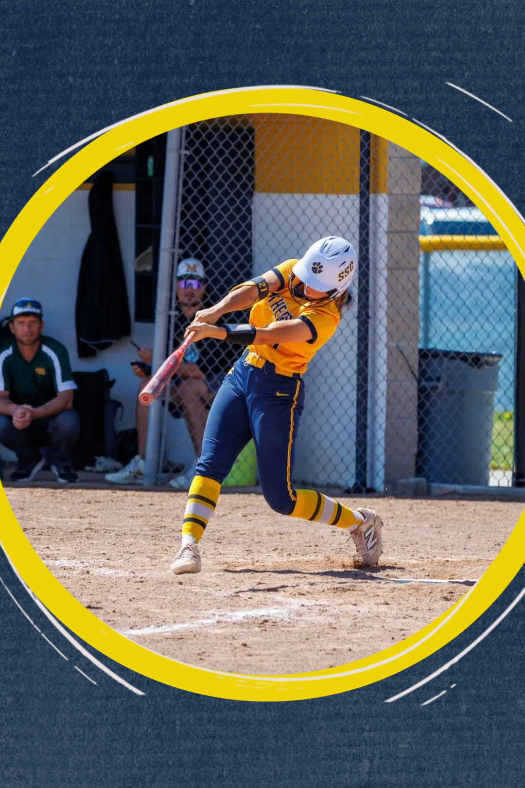 A blue background displays "SSC SOFTBALL" and "1st Team ALL-CONFERENCE" text. The inset image shows a player in action.