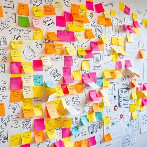 Brainstorming wall with post-it notes 