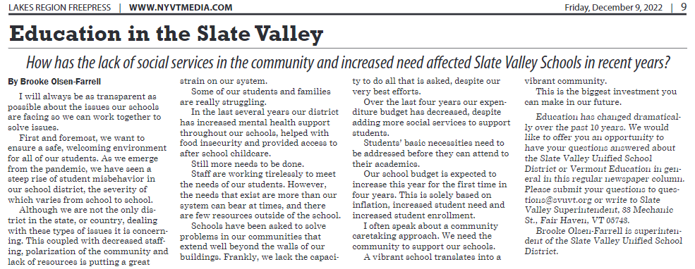 Article on How has the lack of social services in the community and increased need affected Slate Valley Schools in recent years. Click image to see PDF article