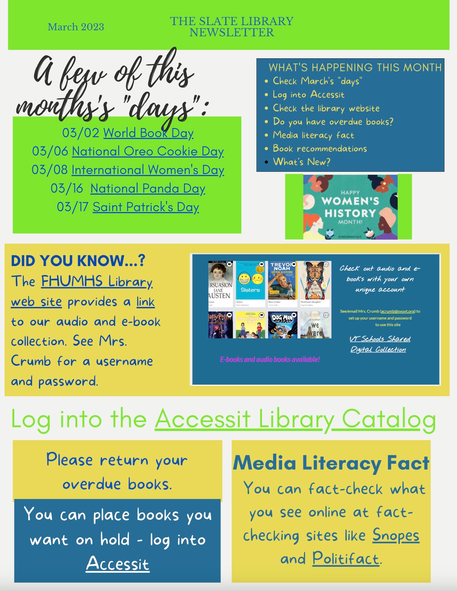 FHUMHS Library Front Page Newsletter